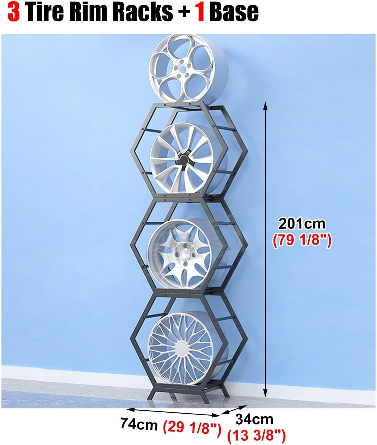  Générique Support De Rangement Pour Jantes De Pneus Robuste, Support Hexagonal Empilable En Acier, Pour Atelier De Réparation Automobile Et Abri Auto (3 Cadres + 1 Base)