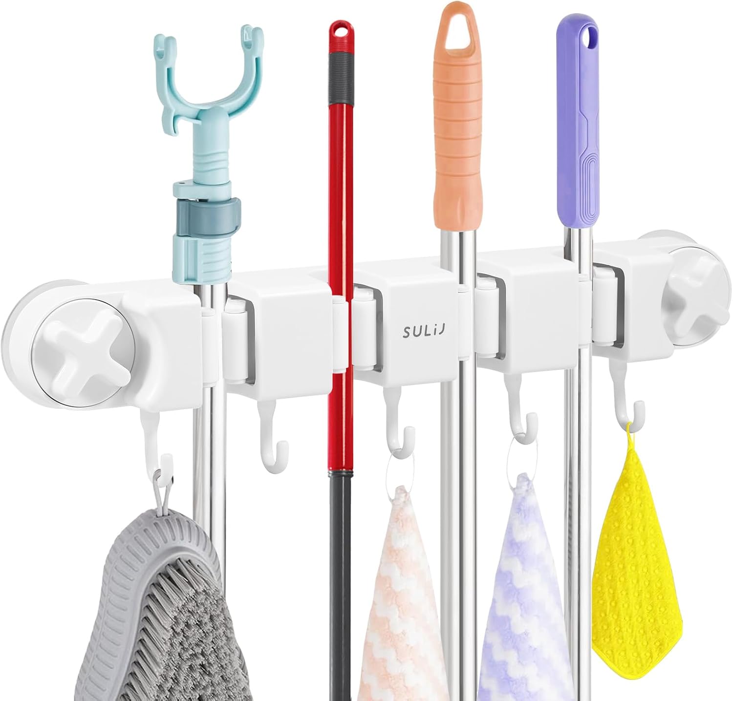  Support Mural Robuste Pour Balai Et Balai Avec 4 Supports Et 5 Crochets Pour La Maison, La Cuisine, Le Jardin, Les Outils, Le Garage