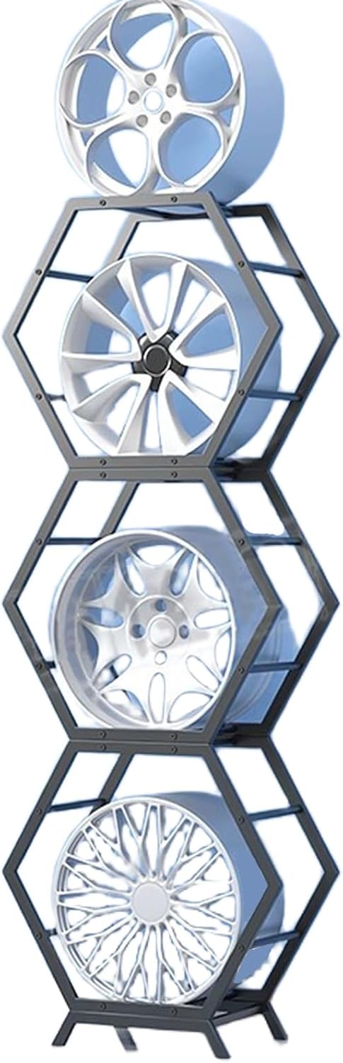  Générique Support De Rangement Pour Jantes De Pneus Robuste, Support Hexagonal Empilable En Acier, Pour Atelier De Réparation Automobile Et Abri Auto (3 Cadres + 1 Base)
