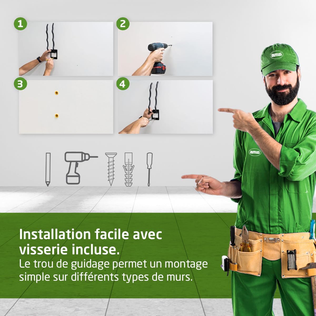  Amig - Crochet Pour Accrocher Outils - Support à Montage Mural - Acier Galvanisé - Revêtement En Caoutchouc Antidérapant - Capacité De Charge 15kg - Idéal Pour Vélos Et Outils De Jardin