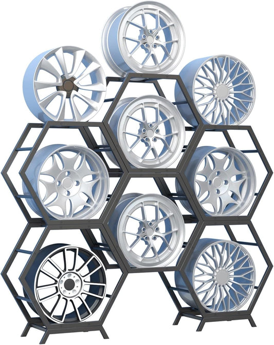  Générique Support De Rangement Pour Jantes De Pneus En Acier Robuste, Support Hexagonal Empilable Pour Garage Et Abri Auto (6 Cadres + 2 Bases)