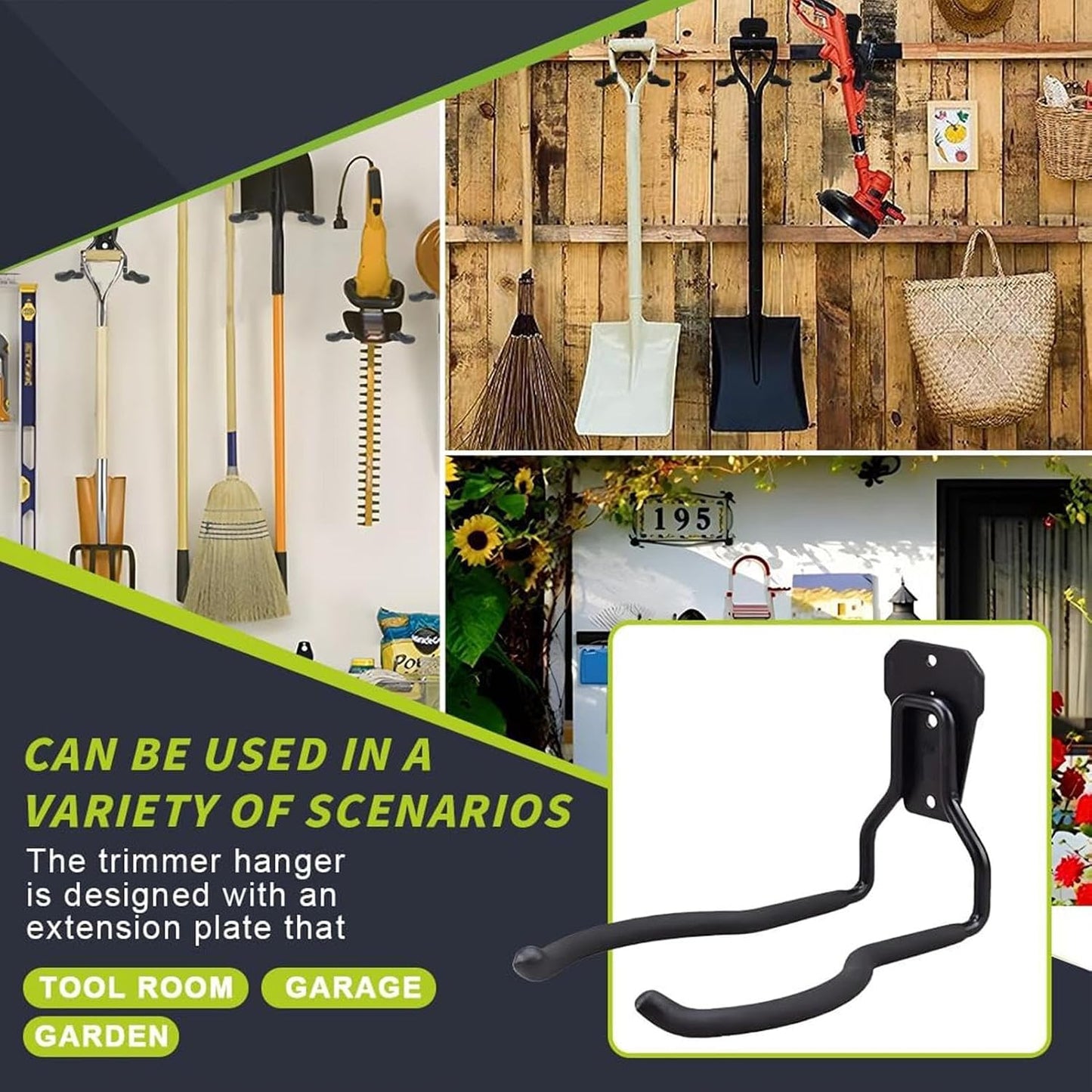  Générique Cintres De Rangement Garage - Support D'Outils Noir Antirouille | Jardin | Organisateur Polyvalent Gain De Place Avec Crochets Pour Système De Rangement Mural De Garage