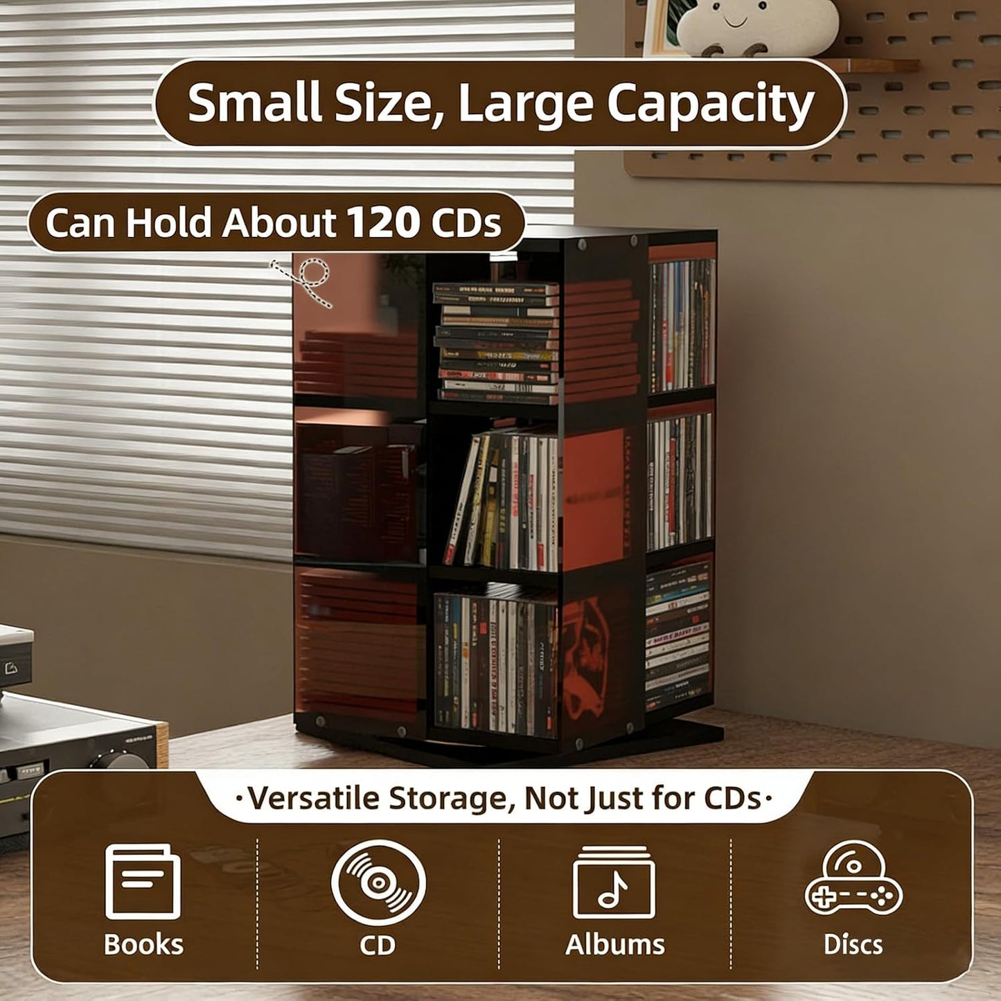  Tour De Rangement Rotative Pour CD, DVD, Disque Vinyle, Design Rotatif à 360°, Rangement Ouvert Sur Les 4 Côtés, Capacité De 120 CD, Compartiment Unique 14 X 14 Cm (couleur Noyer)