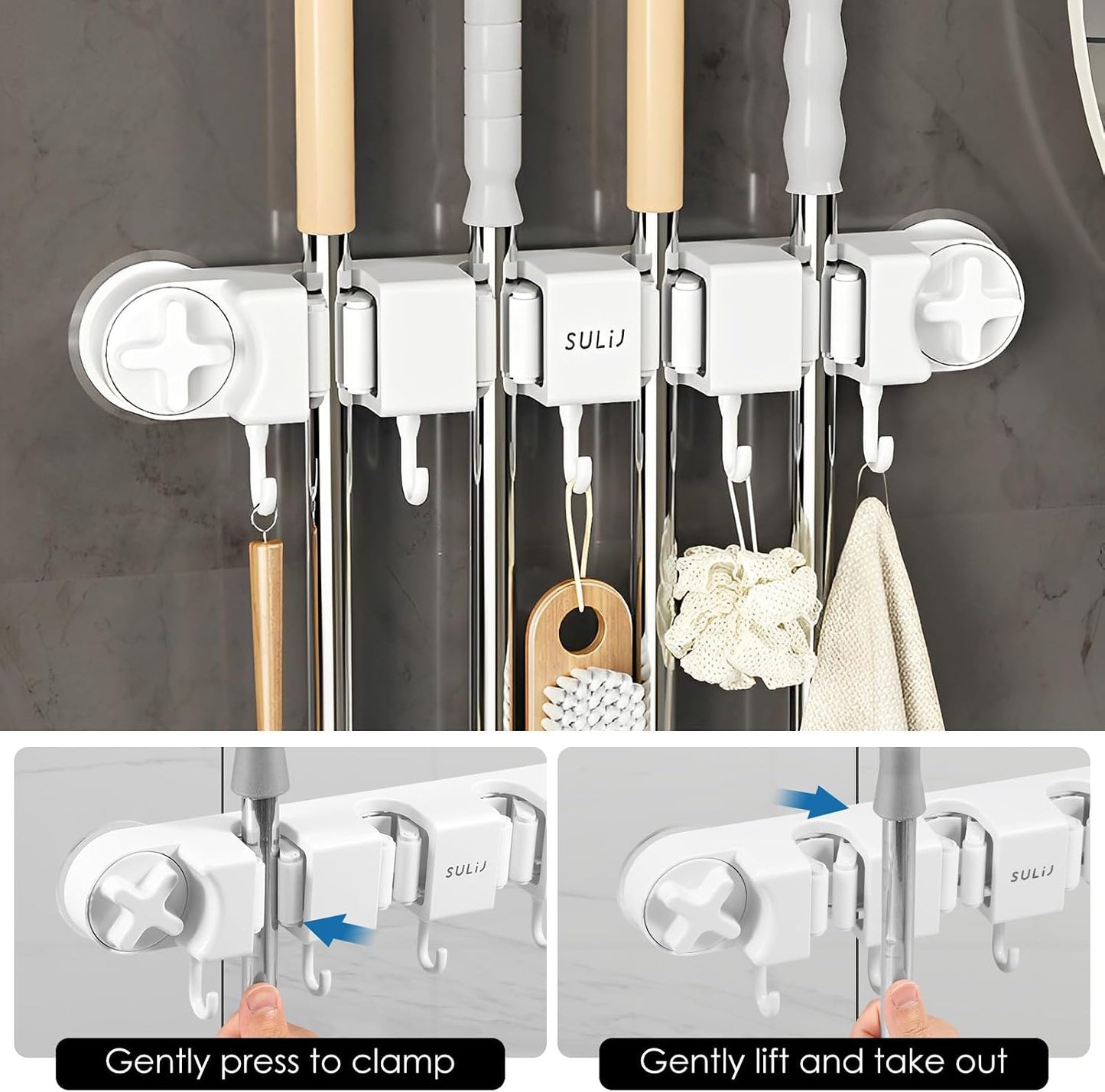  Support Mural Robuste Pour Balai Et Balai Avec 4 Supports Et 5 Crochets Pour La Maison, La Cuisine, Le Jardin, Les Outils, Le Garage