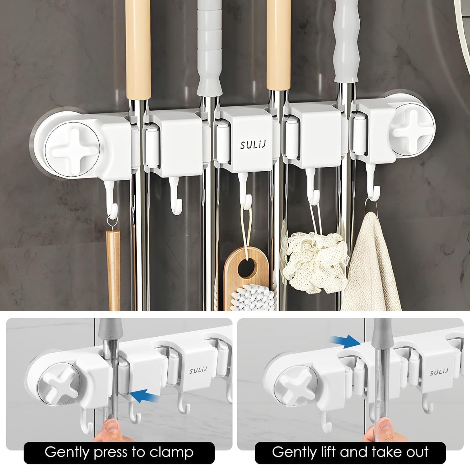  Support Mural Robuste Pour Balai Et Balai Avec 4 Supports Et 5 Crochets Pour La Maison, La Cuisine, Le Jardin, Les Outils, Le Garage