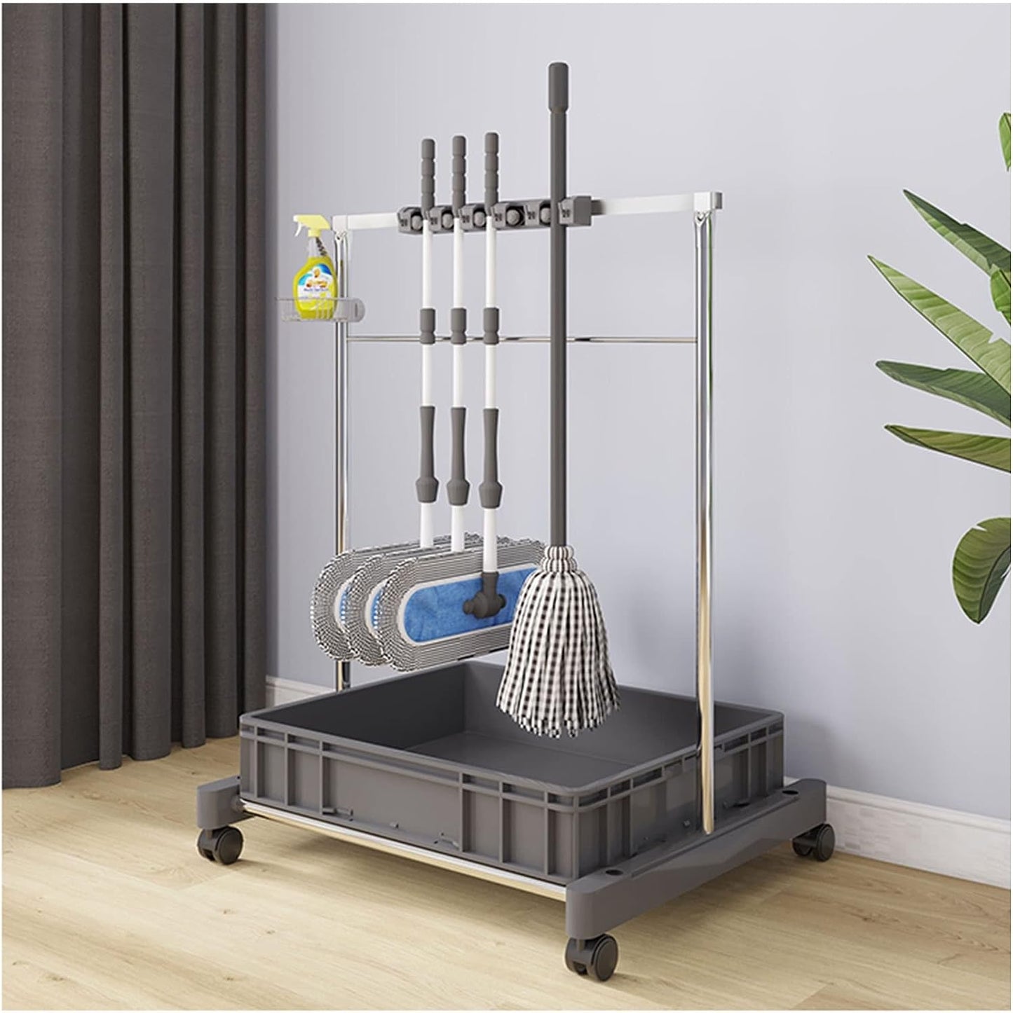 GENERIC Support De Balai Commercial Mobile, Chariot De Rangement Pour Outils De Nettoyage Au Sol, Support Pour Outils De Jardin Pour Balais Et Serpillières, Chariot De Ménage, Porte-Parapluie, Doubl