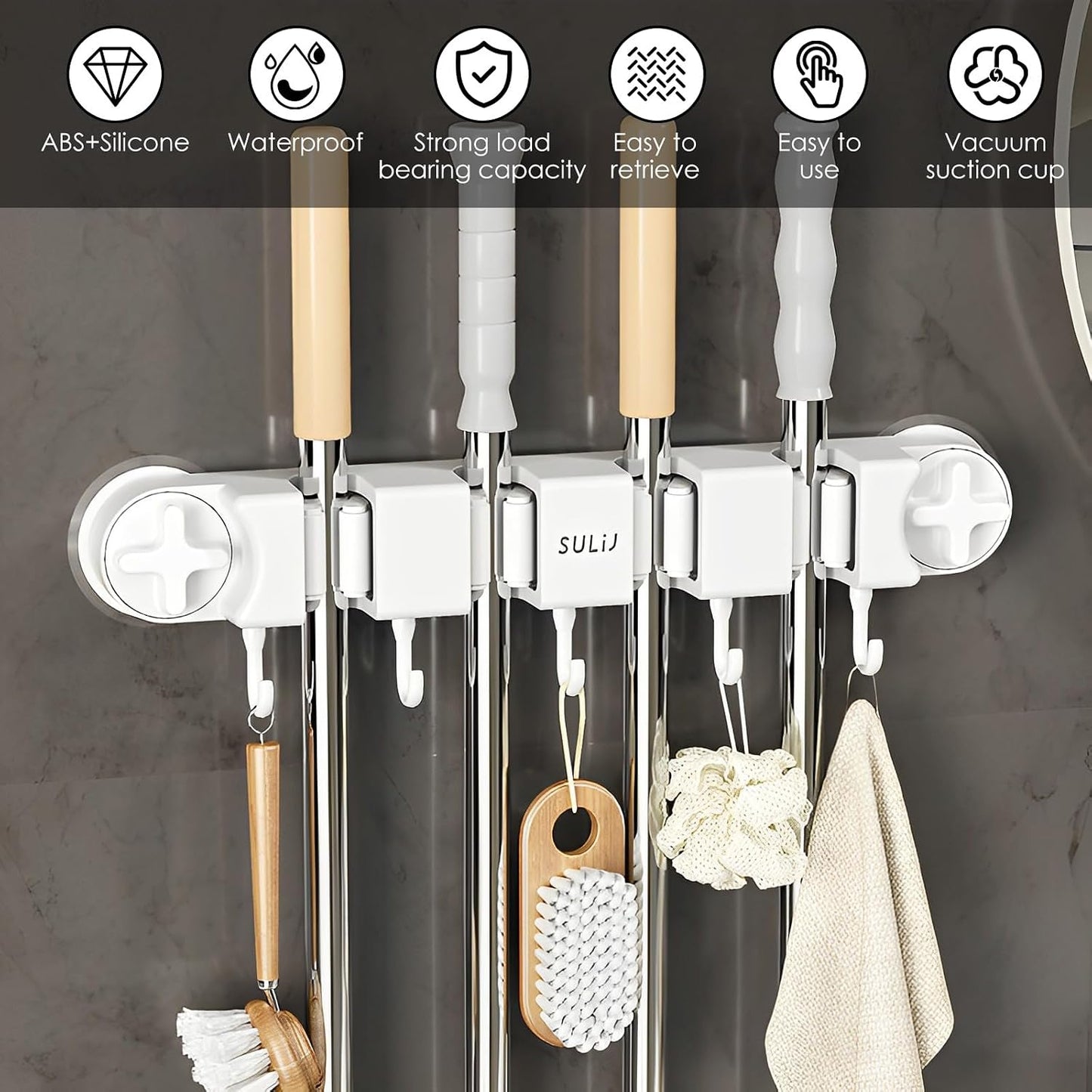 Support Mural Robuste Pour Balai Et Balai Avec 4 Supports Et 5 Crochets Pour La Maison, La Cuisine, Le Jardin, Les Outils, Le Garage