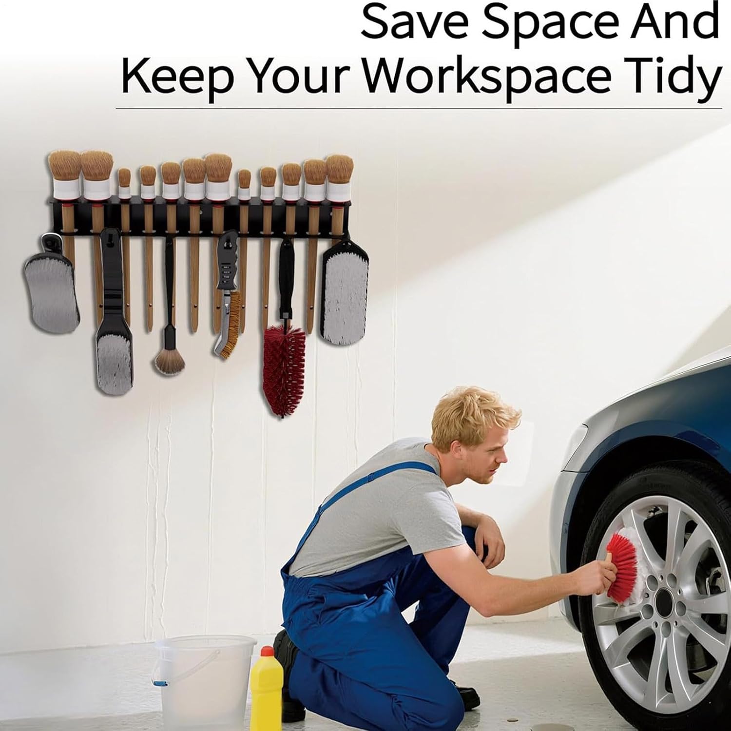  Support Mural Pour Brosses De Détail, Solution De Rangement Stable Et Peu Encombrante Avec Crochets Robustes – Rangement Pour Accessoires De Détail, Pour Garage, Atelier, Buanderie Et Salle