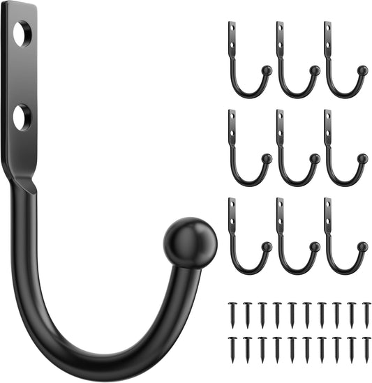  Lot De 10 Crochets Muraux Robustes Pour Manteaux : Supporte Jusqu'à 50 Kg, 6 Cm De Long Pour Manteaux, Sacs Et Outils, Noir