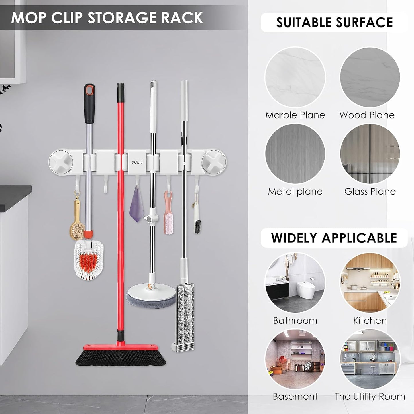  Support Mural Robuste Pour Balai Et Balai Avec 4 Supports Et 5 Crochets Pour La Maison, La Cuisine, Le Jardin, Les Outils, Le Garage