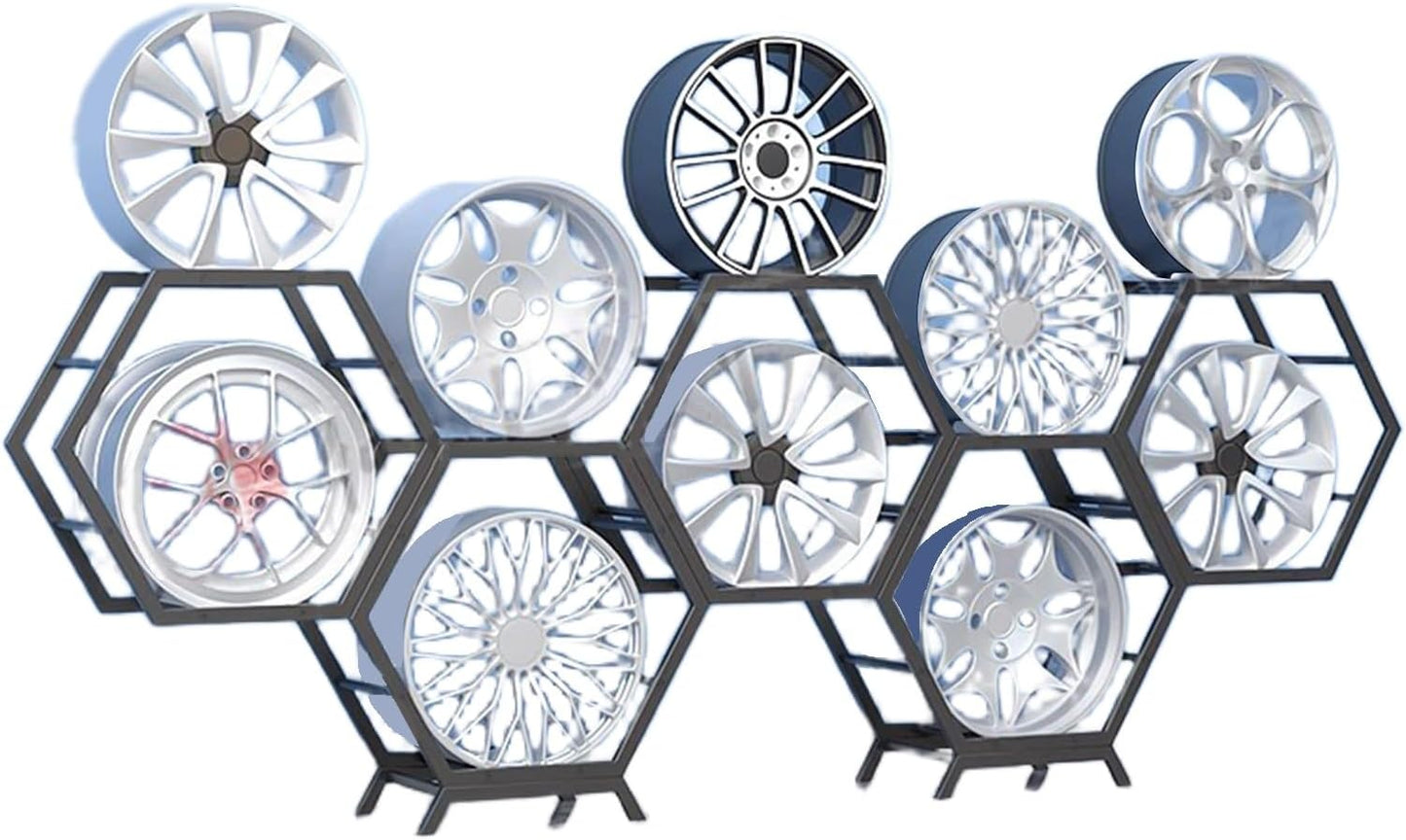  Générique Support De Rangement Pour Jantes De Pneus Robuste, Support Hexagonal Empilable En Acier, Pour Atelier De Réparation Automobile Et Abri Auto (3 Cadres + 1 Base)