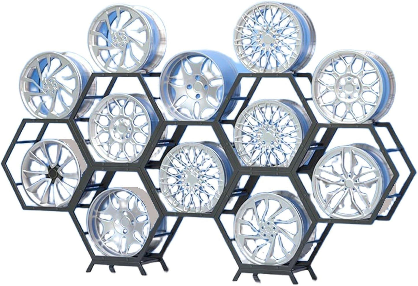  Générique Support De Rangement Pour Jantes De Pneus En Acier Robuste, Support Hexagonal Empilable Pour Garage Et Abri Auto (6 Cadres + 2 Bases)