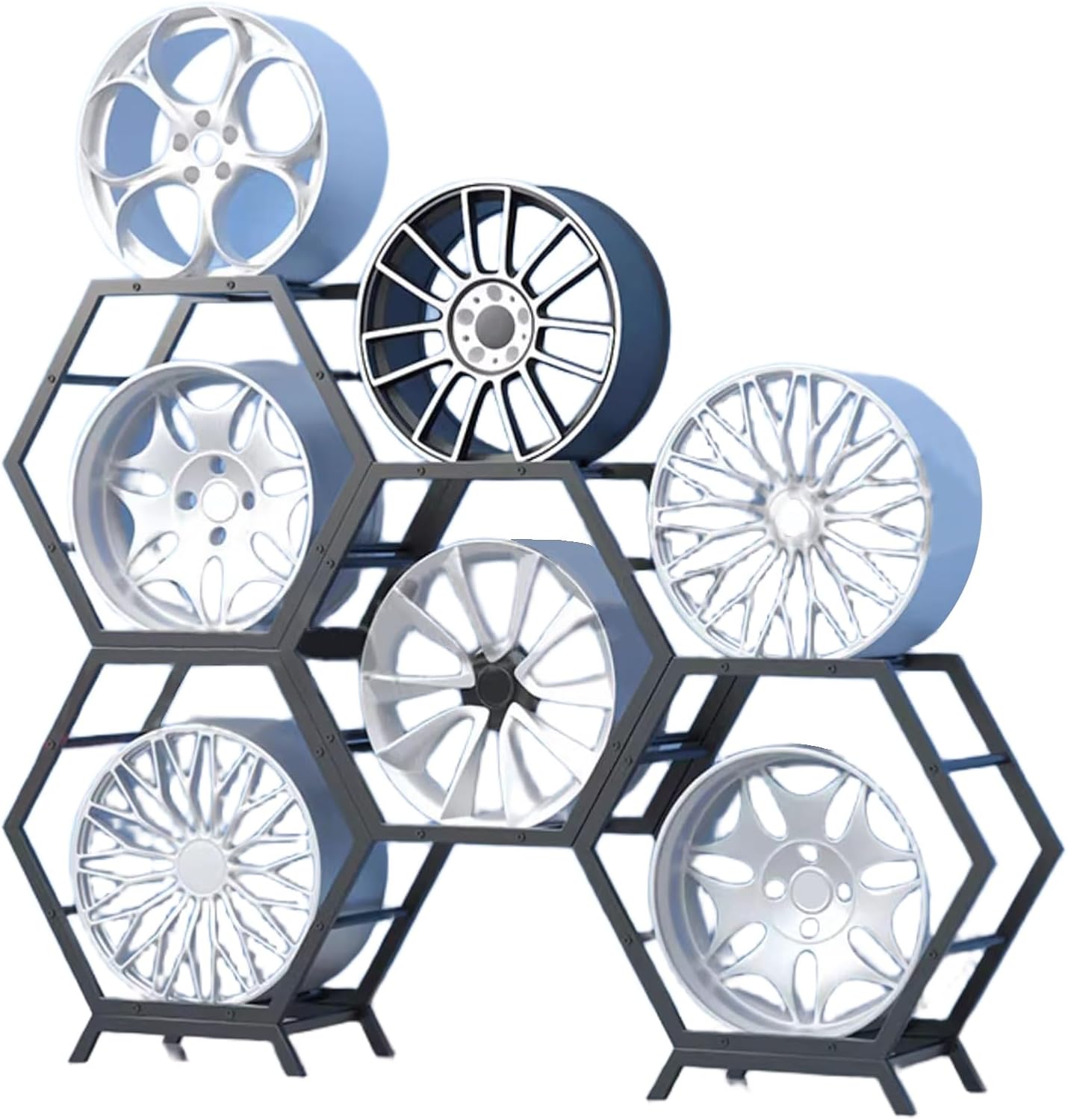  Générique Support De Rangement Pour Jantes De Pneus En Acier Robuste, Support Hexagonal Empilable Pour Garage Et Abri Auto (6 Cadres + 2 Bases)