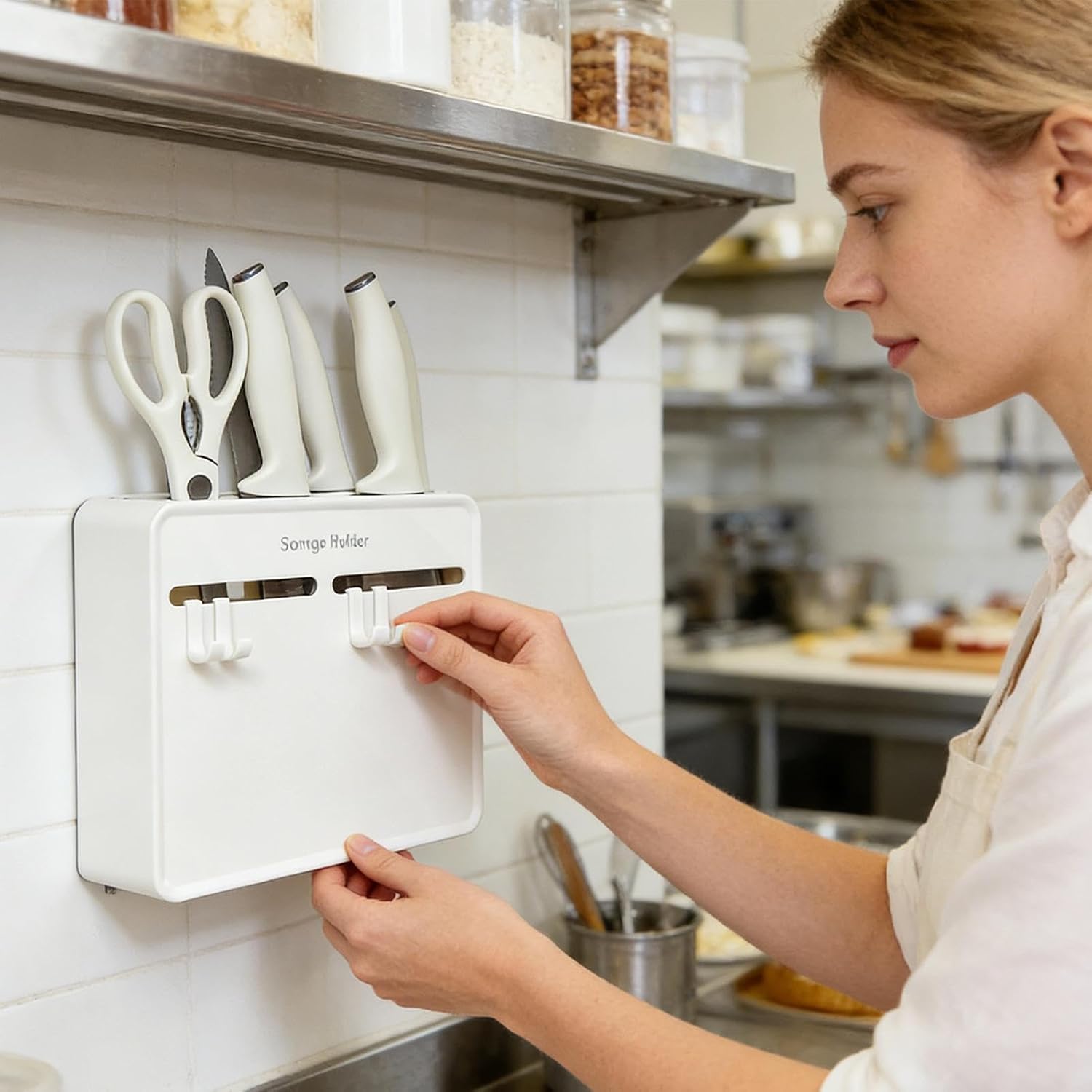  Support De Cutter - Organiseur Mural Pour Ciseaux - 22,6 X 20,6 X 3,5 Cm - Avec Crochets Pour Outils De Cuisine, éplucheur, éponge, Brosse, Ustensiles De Cuisine, Ustensiles De Cuisine