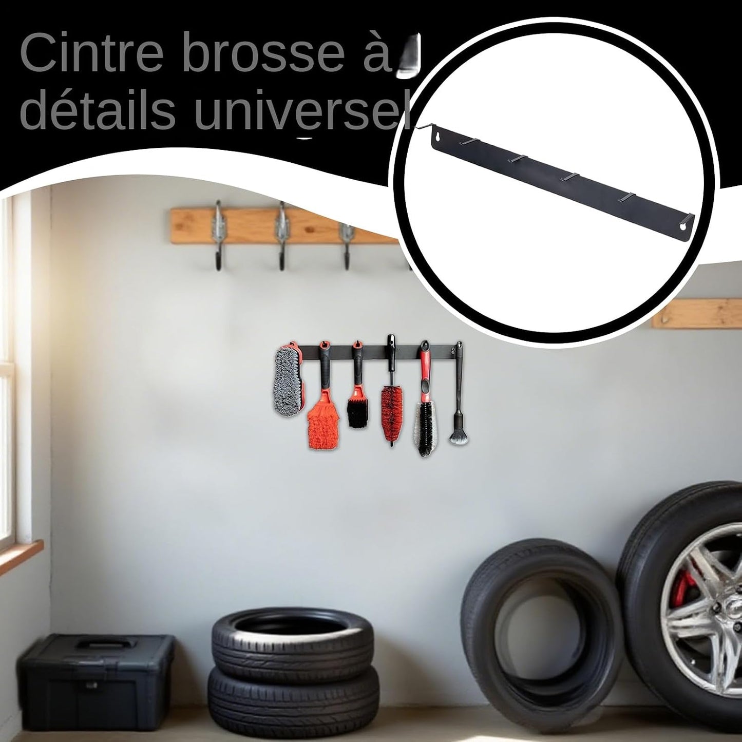  Générique Porte-Brosses De Détail - Porte-Brosses De Détail Murale à Crochets - Rack Compact Pour Outils Garage Atelier Maison Auto Nettoyage Roues Boîte à Outils Détaillants