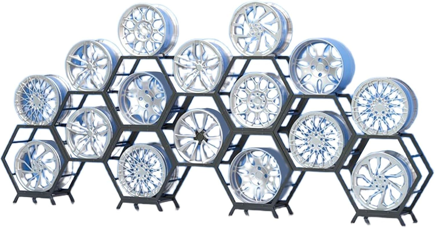  Générique Support De Rangement Pour Jantes De Pneus En Acier Robuste, Support Hexagonal Empilable Pour Garage Et Abri Auto (6 Cadres + 2 Bases)