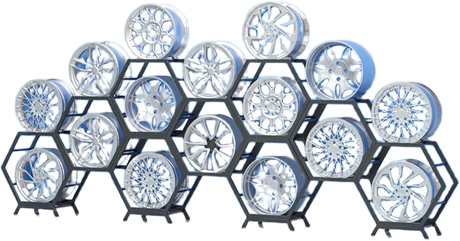  Générique Support De Rangement Pour Jantes De Pneus En Acier Robuste, Support Hexagonal Empilable Pour Garage Et Abri Auto (6 Cadres + 2 Bases)