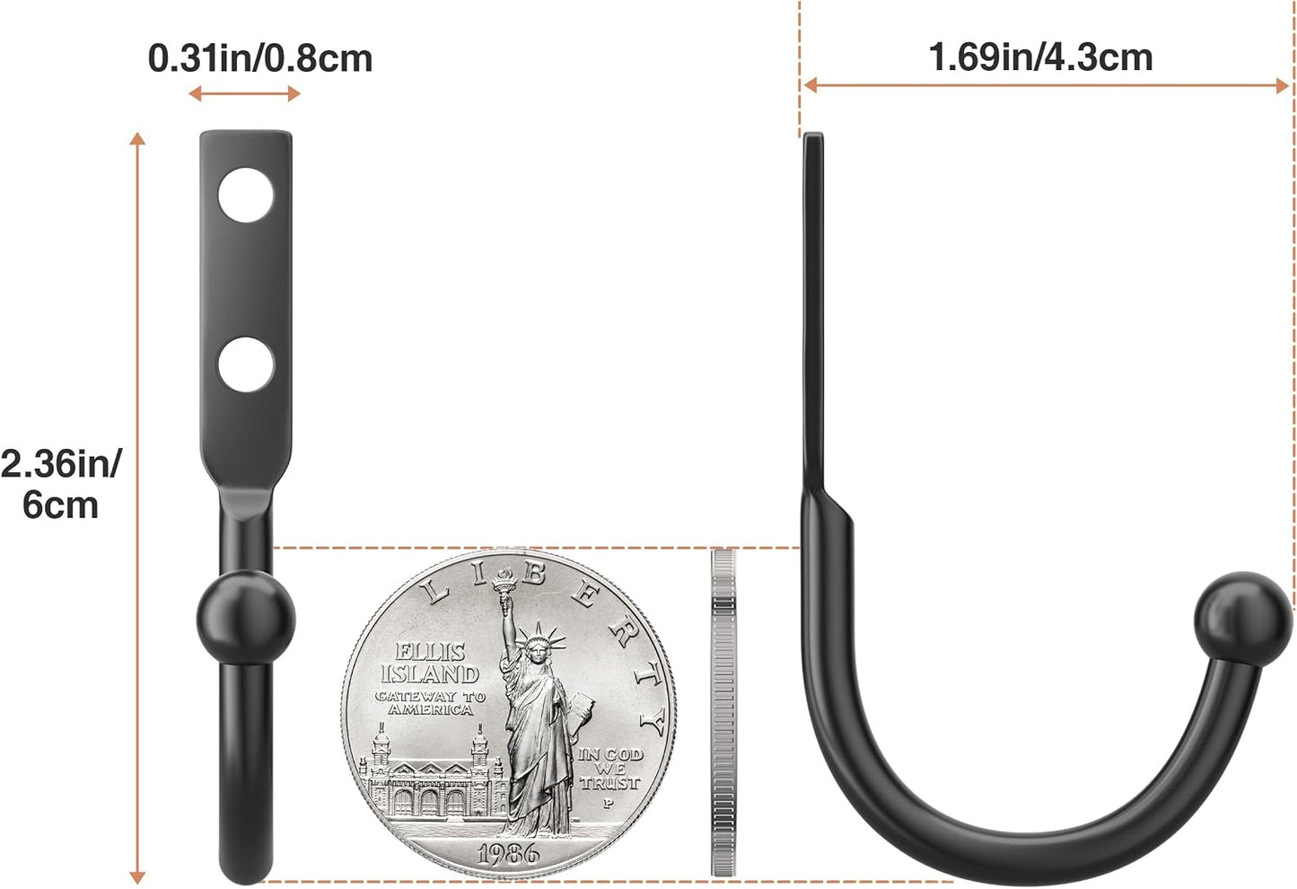  Lot De 10 Crochets Muraux Robustes Pour Manteaux : Supporte Jusqu'à 50 Kg, 6 Cm De Long Pour Manteaux, Sacs Et Outils, Noir