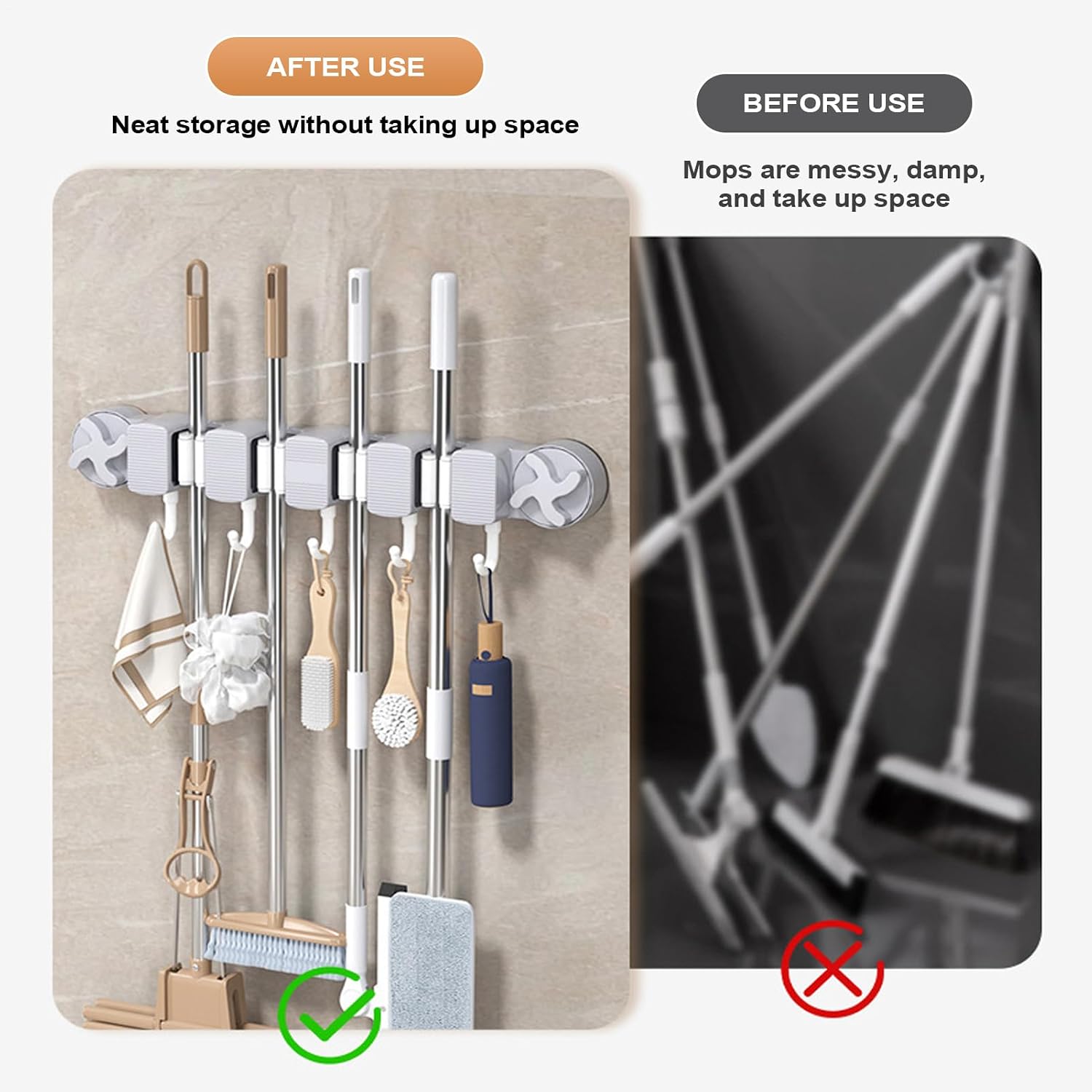  Générique Support De Porte-balais - Rack Rangement D'aspiration Avec 5 Crochets Pour Outils Nettoyage, Organisateur De Services Publics Brosse Gants Gants Serviettes Chiffons, Support Mural