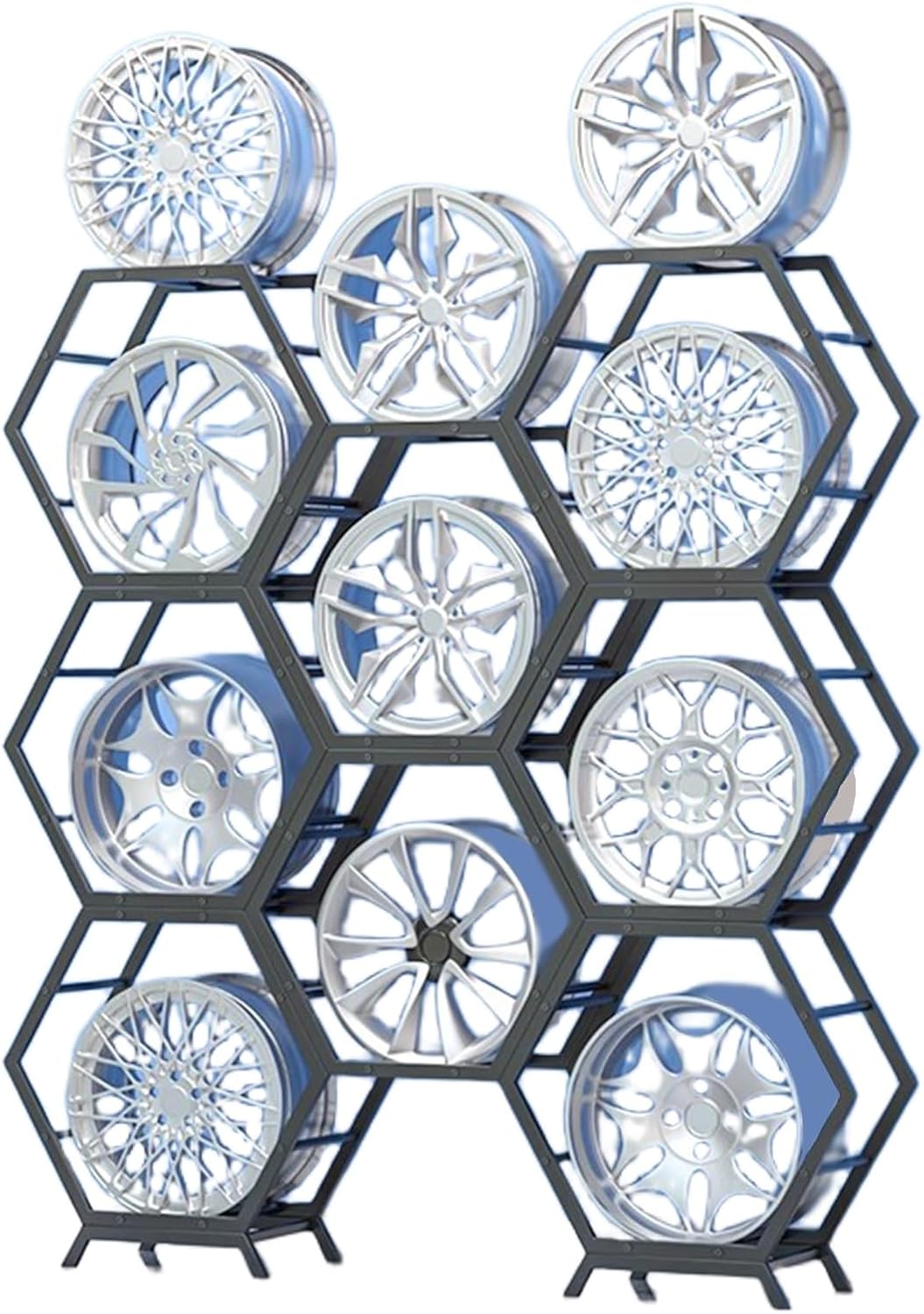  Générique Support De Rangement Pour Jantes De Pneus En Acier Robuste, Support Hexagonal Empilable Pour Garage Et Abri Auto (6 Cadres + 2 Bases)