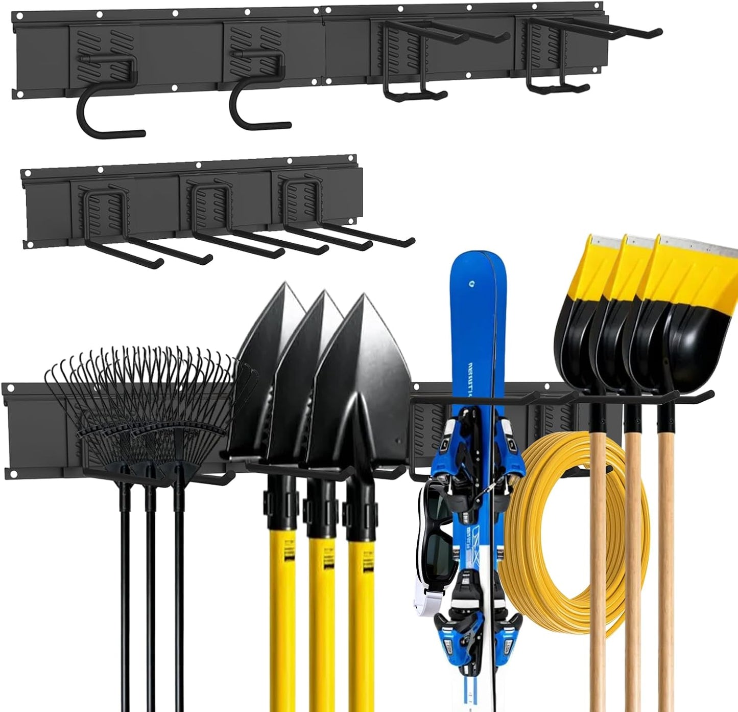  Support Mural Pour Outils De Garage, Facile à Installer, Système De Rangement De Garage Robuste Avec 6 Crochets Droits Réglables, Support à Outils De Jardin Pour Pelles, Râteaux, Outils De Cour