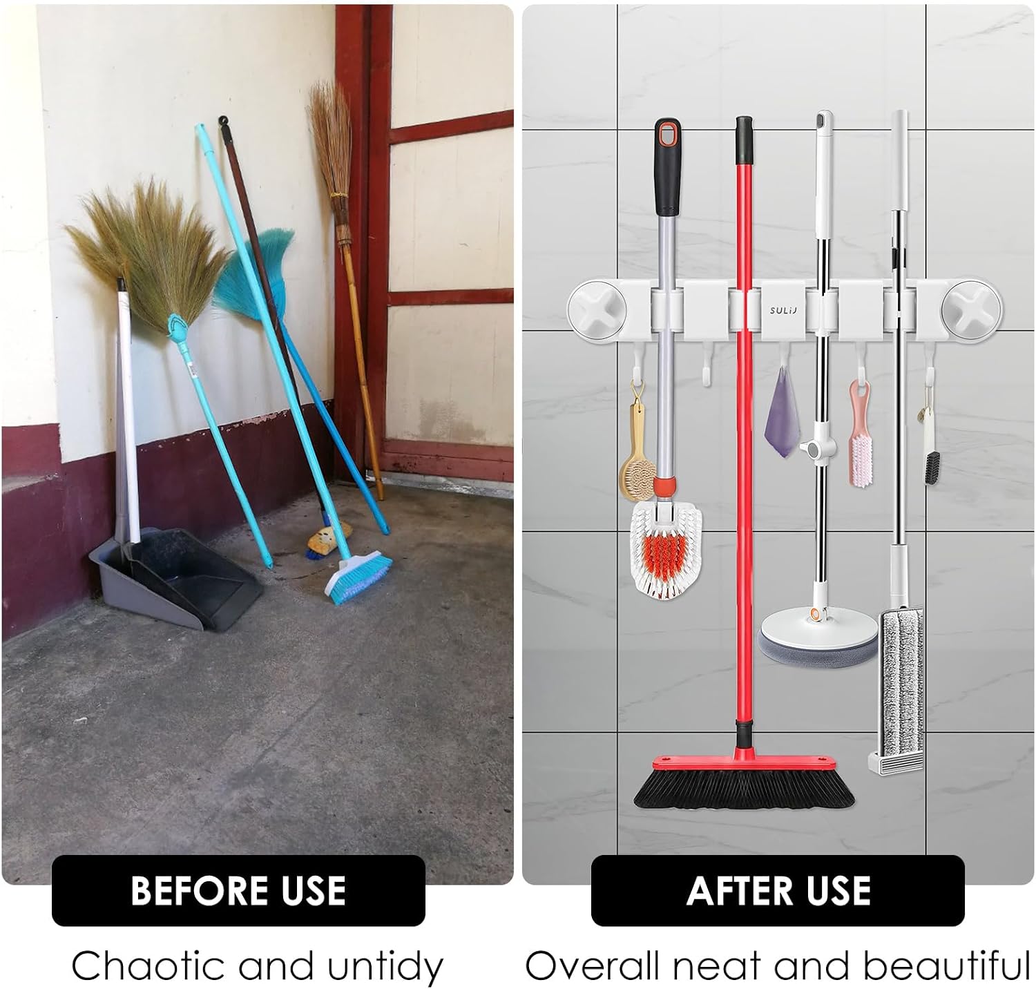  Support Mural Robuste Pour Balai Et Balai Avec 4 Supports Et 5 Crochets Pour La Maison, La Cuisine, Le Jardin, Les Outils, Le Garage