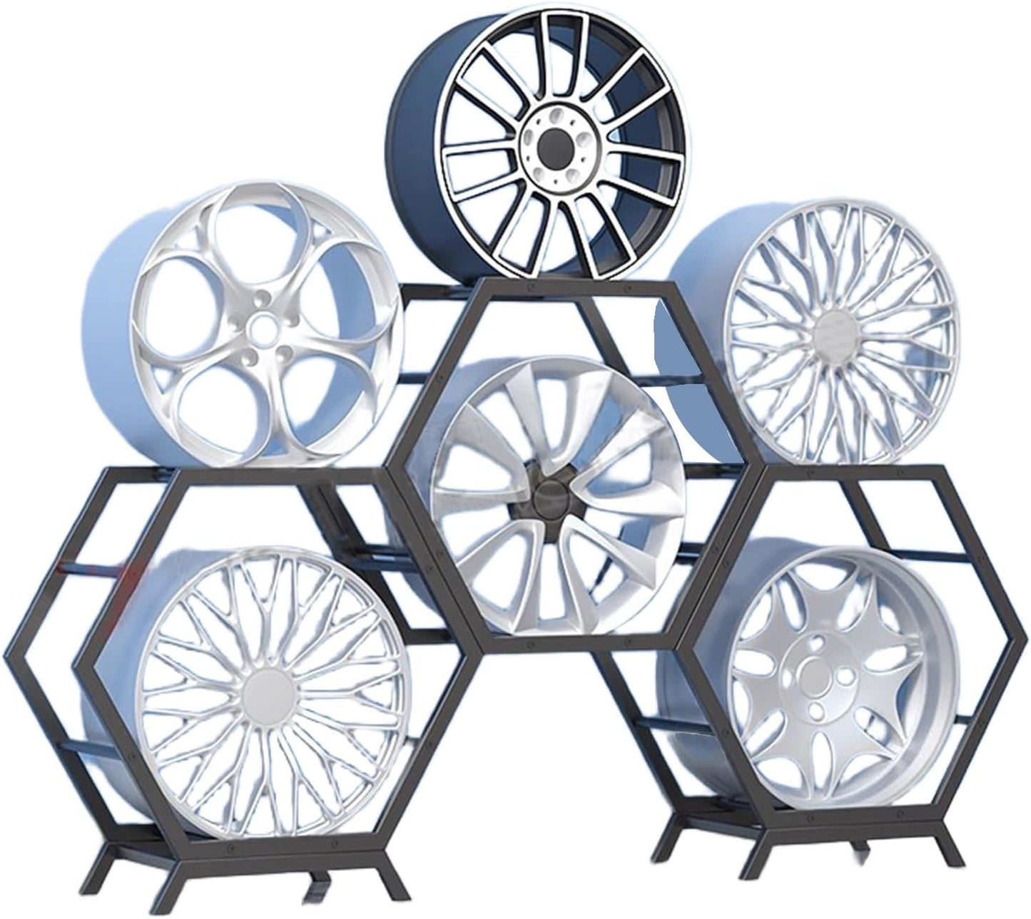  Générique Support De Rangement Pour Jantes De Pneus En Acier Robuste, Support Hexagonal Empilable Pour Garage Et Abri Auto (6 Cadres + 2 Bases)