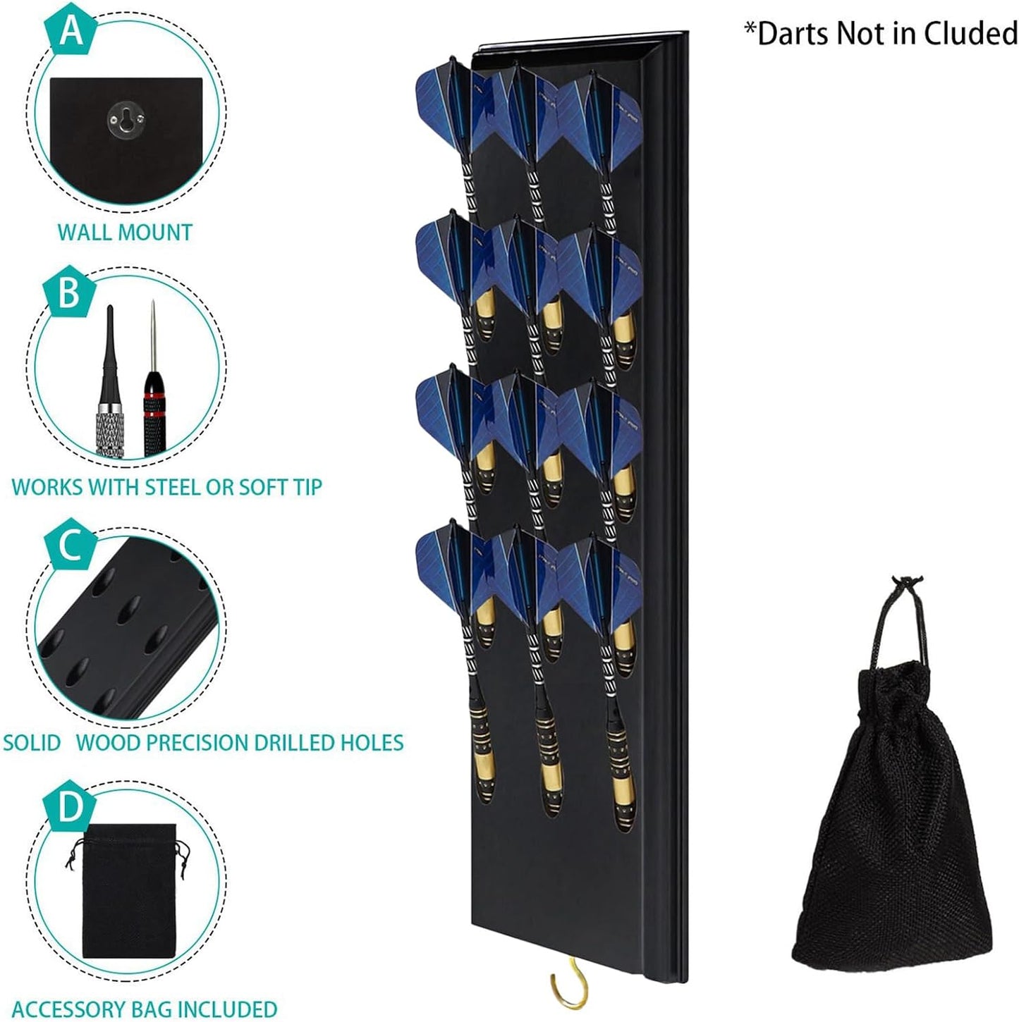 GENERIC Support De Fléchettes En Bois – Support De Présentation Peu Encombrant, Organisateur Mural Avec Sac De Rangement, Design Compact Avec Construction Solide, Accessoire De Salle De Jeux, Organisation De