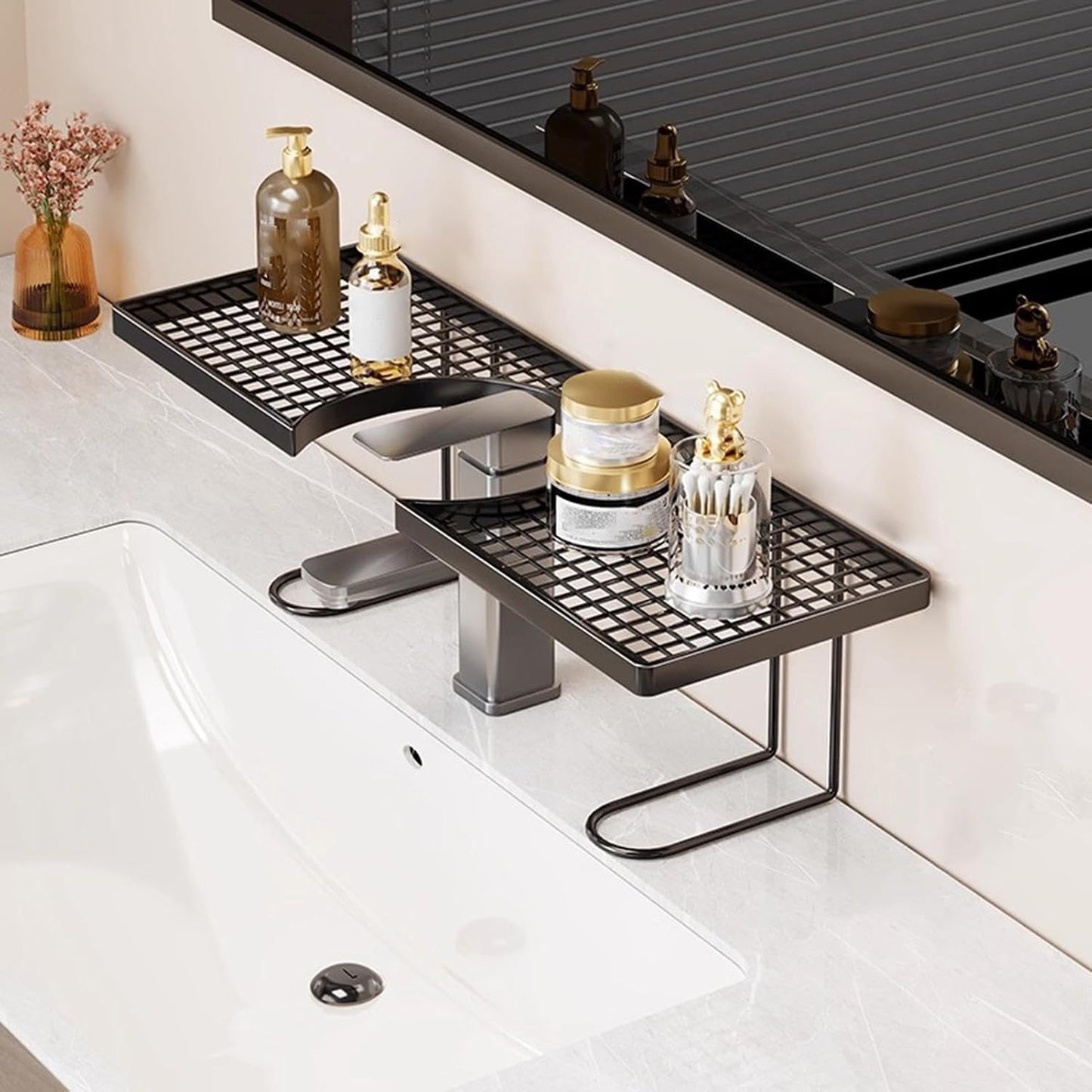 GENERIC Organiseur D'évier De Cuisine – Étagère De Vidange De Cuisine En Métal Sans Perçage, étagère De Rangement Pour Robinet Avec Finition Antirouille, étagères De Comptoir De Lavabo De Salle De Bain