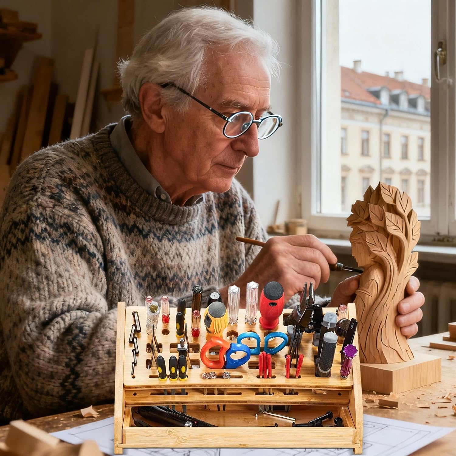  Générique Organisateur De Pinces,Support De Rangement En Bois à 53 Trous Avec Plateau,Organisateur D'Établi | Pour Bricolage Réparation Établi Bureau Panneau Perforé Garage Intérieur Extérieur