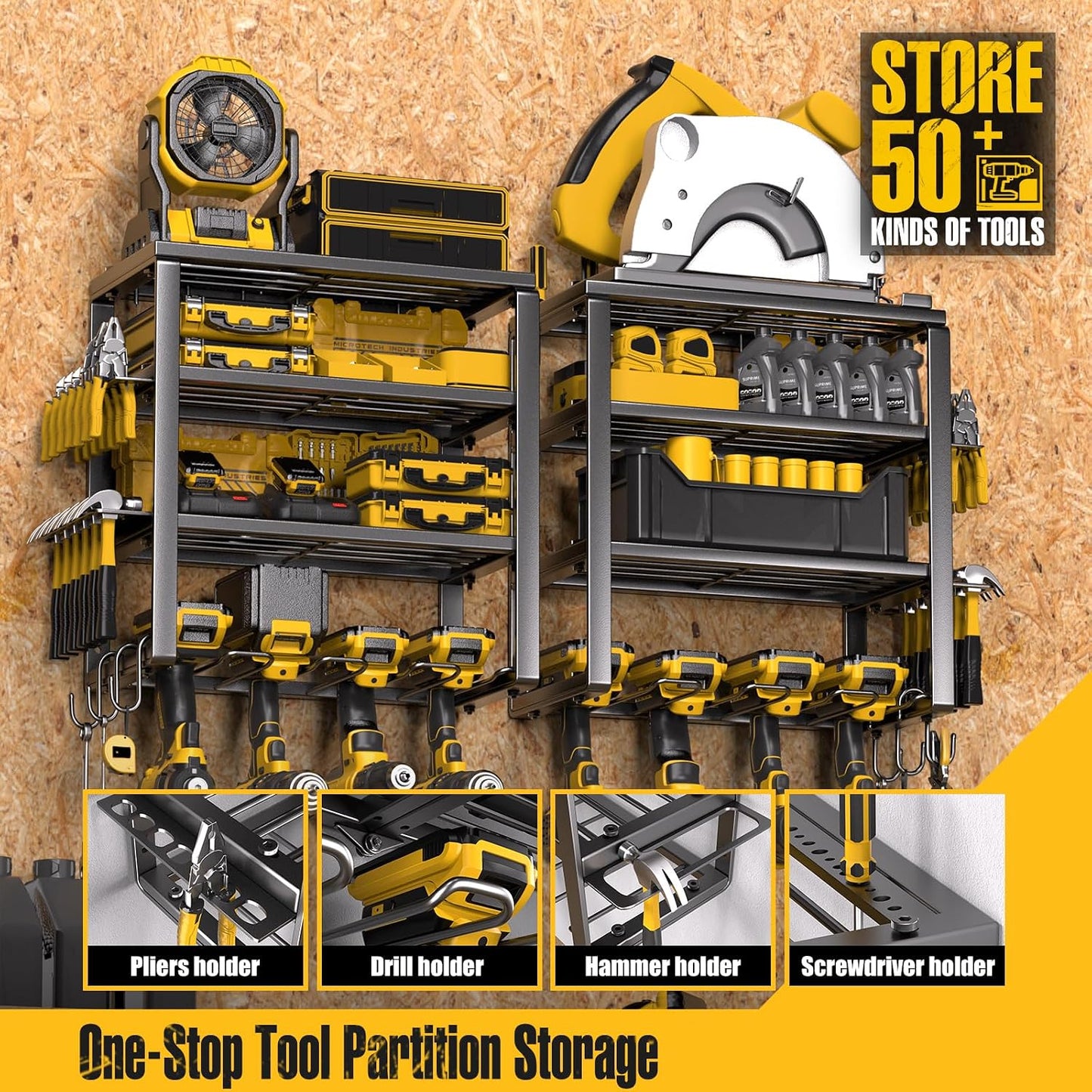  Spampur Support Mural Pour Outils électriques, Capacité De 190,5 Kg, 4 Niveaux 8 Emplacements Pour Perceuse Avec Assemblage Rapide En 15 Minutes, Idéal Pour Garage, Atelier, Abri De Jardin, Cadeau