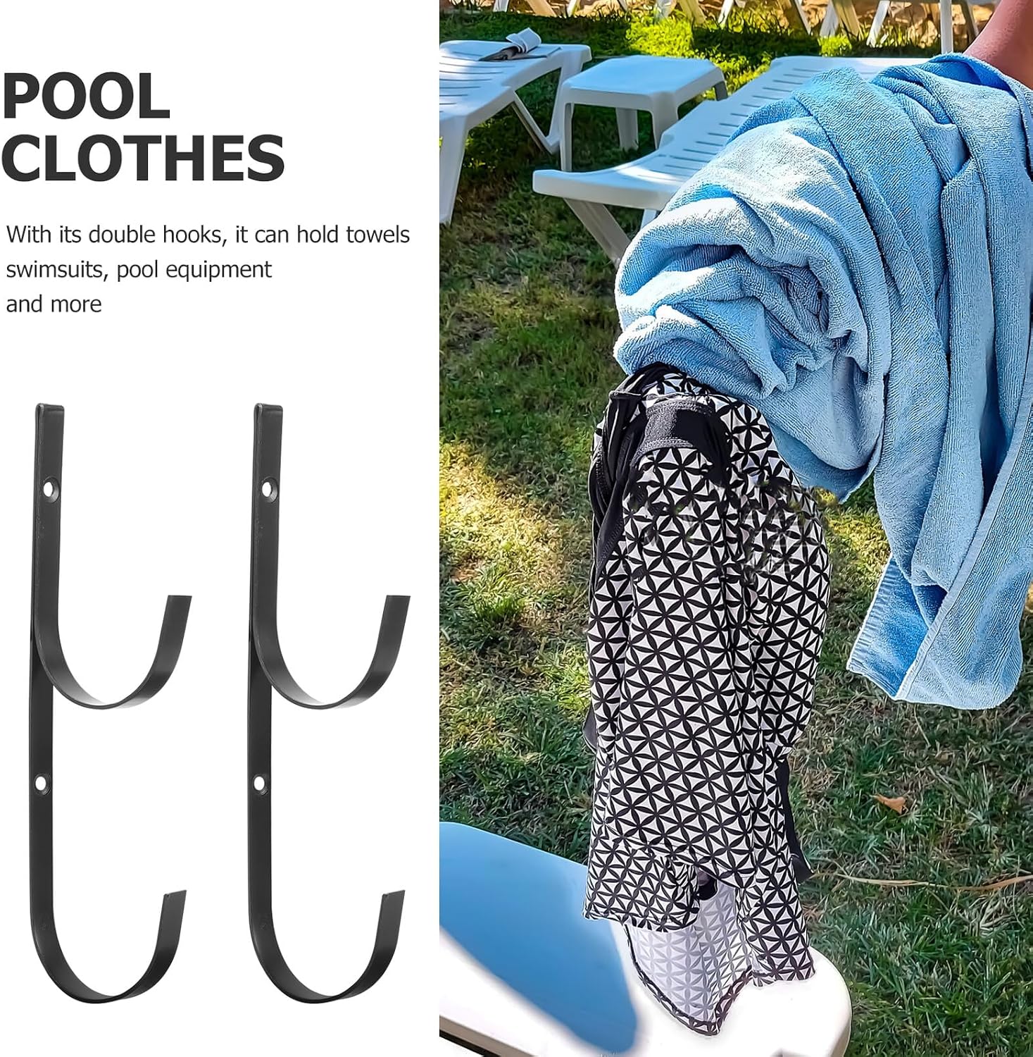  Cabilock Crochets En Fer Noir Multi-fonction Pour Poteau De Piscine Lot De 2 Double Crochet Support Extérieur Pour Accrocher Maillots Et Accessoires De Piscine