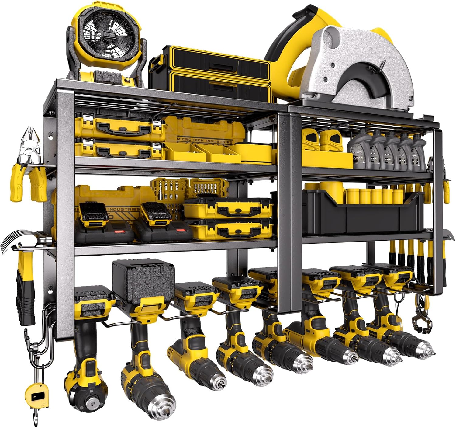  Spampur Support Mural Pour Outils électriques, Capacité De 190,5 Kg, 4 Niveaux 8 Emplacements Pour Perceuse Avec Assemblage Rapide En 15 Minutes, Idéal Pour Garage, Atelier, Abri De Jardin, Cadeau