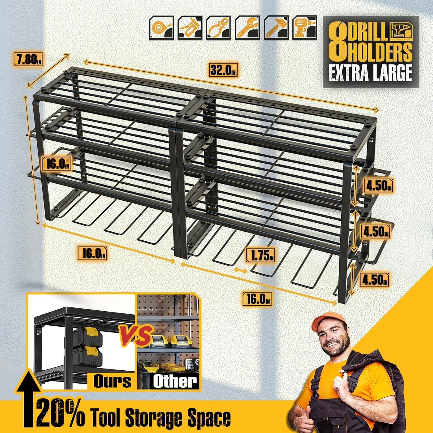  Spampur Support Mural Pour Outils électriques, Capacité De 190,5 Kg, 4 Niveaux 8 Emplacements Pour Perceuse Avec Assemblage Rapide En 15 Minutes, Idéal Pour Garage, Atelier, Abri De Jardin, Cadeau