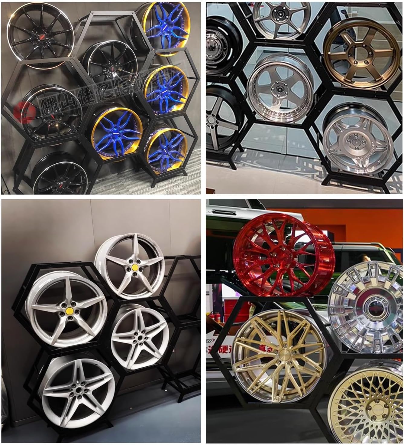  Générique Support De Rangement Pour Jantes De Pneus Robuste, Support Hexagonal Empilable En Acier, Pour Atelier De Réparation Automobile Et Abri Auto (3 Cadres + 1 Base)