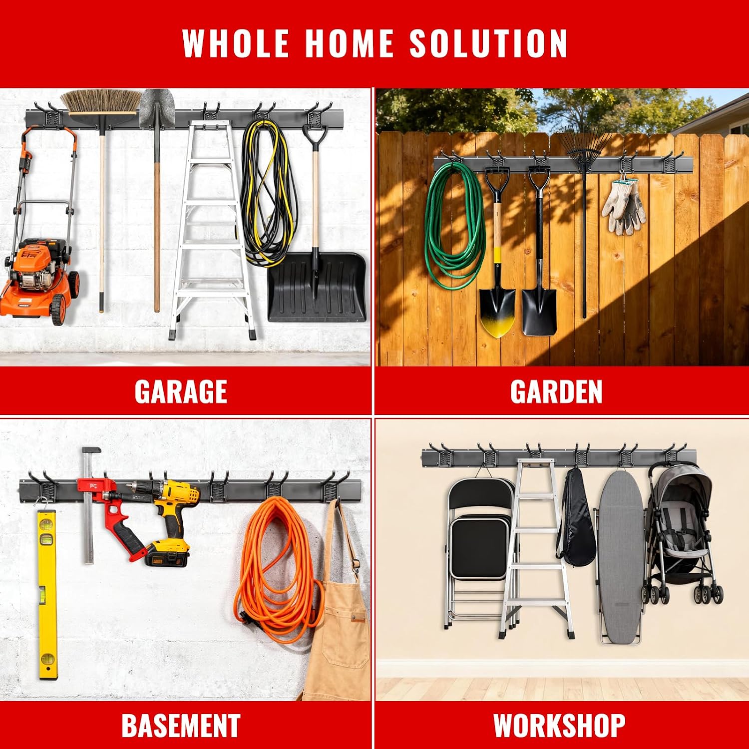  Support Mural Pour Outils De Garage, Facile à Installer, Système De Rangement De Garage Robuste Avec 6 Crochets Droits Réglables, Support à Outils De Jardin Pour Pelles, Râteaux, Outils De Cour