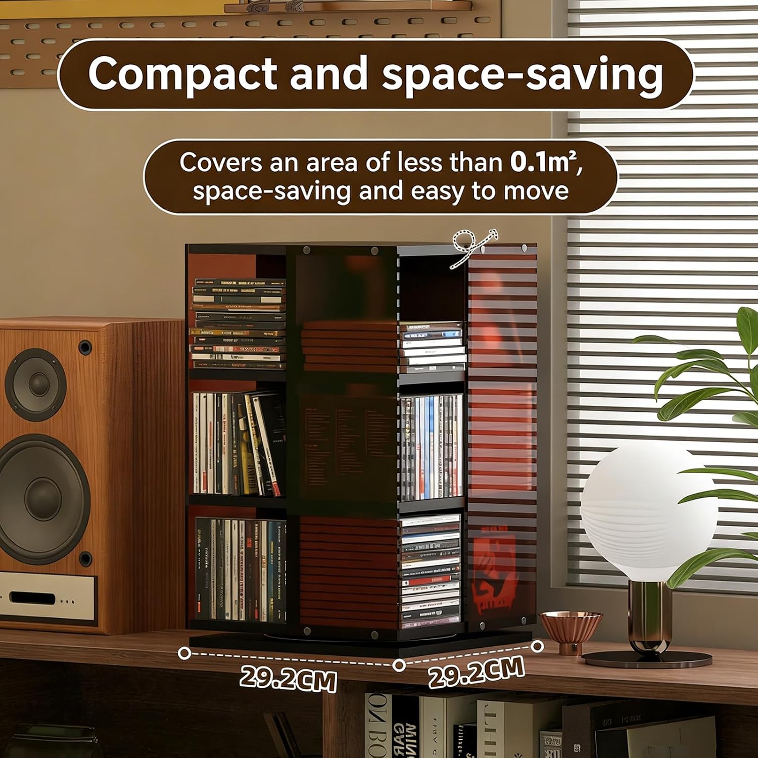  Tour De Rangement Rotative Pour CD, DVD, Disque Vinyle, Design Rotatif à 360°, Rangement Ouvert Sur Les 4 Côtés, Capacité De 120 CD, Compartiment Unique 14 X 14 Cm (couleur Noyer)